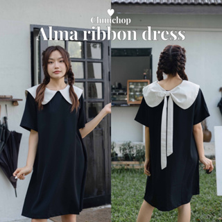 chuuchop_พร้อมส่ง(C7814)✨🧸🎀Alma ribbon dress ชุดเดรสสั้นสีดำแต่งโบว์หลัง