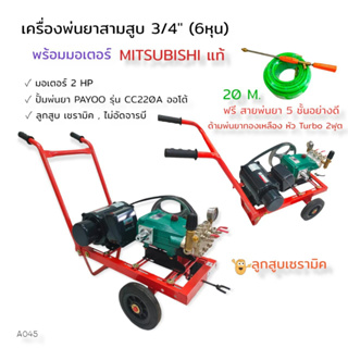 เครื่องพ่นยา3สูบ 3/4" PAYOO รุ่น CC220A พร้อมมอเตอร์ มอเตอร์ MITSUBISHI 2 HP (A045) พร้อมอุปกรณ์พ่นยา ด้าม+สายพ่นยา