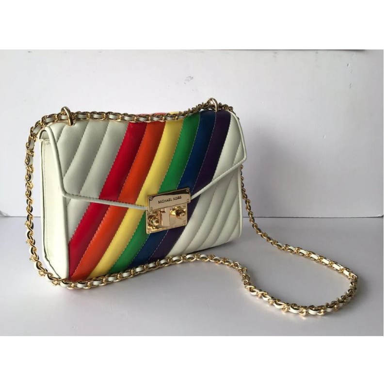 กระเป๋าหนังแบรนด์แท้-ของใหม่มือ1-michael-kors-rose-35t0gx0l6i-medium-vegan-faux-leather-flap-shoulder-bag-in-rainbow