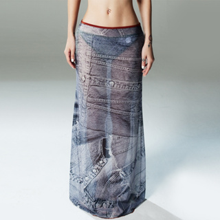 BLACKDOG BKK-SS2317-jeans print skirt-กระโปรงยาวตาข่ายยืดซีทรูพิมพ์ลาย