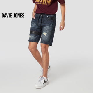 DAVIE JONES กางเกงขาสั้น ผู้ชาย เอวยางยืด สีกรม คาดหนัง Elasticated Shorts in navy SH0068NV