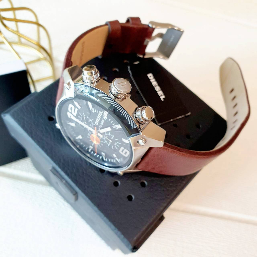 แท้-พร้อมส่ง-นาฬิกา-diesel-dz4204-chronograph-black-dial-brown-leather-mens-watch-กันน้ำได้-10atm
