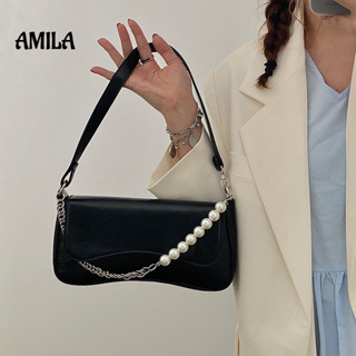 AMILA กระเป๋าสะพายไหล่โซ่แฟชั่นสไตล์เกาหลีออกแบบเฉพาะกลุ่มหนัง PU สีดำกระเป๋าถือใต้วงแขน