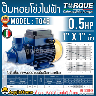 TORQUE ปั๊มไฟฟ้า รุ่น TQ45 (220V) 1X1นิ้ว 0.5 แรง 370วัตต์ ปั๊มน้ำ ปั๊มน้ำหอยโข่ง ปั๊มน้ำมอเตอร์ ปั๊มน้ำอิตาลี