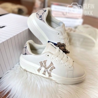 แท้ 💯 &lt;พร้อมส่ง&gt; MLB Chunky Classic heel Monogram/ mono embo -NY/B Boston รองเท้าผ้าใบ รองเท้าลำลอง สีขาว/สีดำ/สีครีม