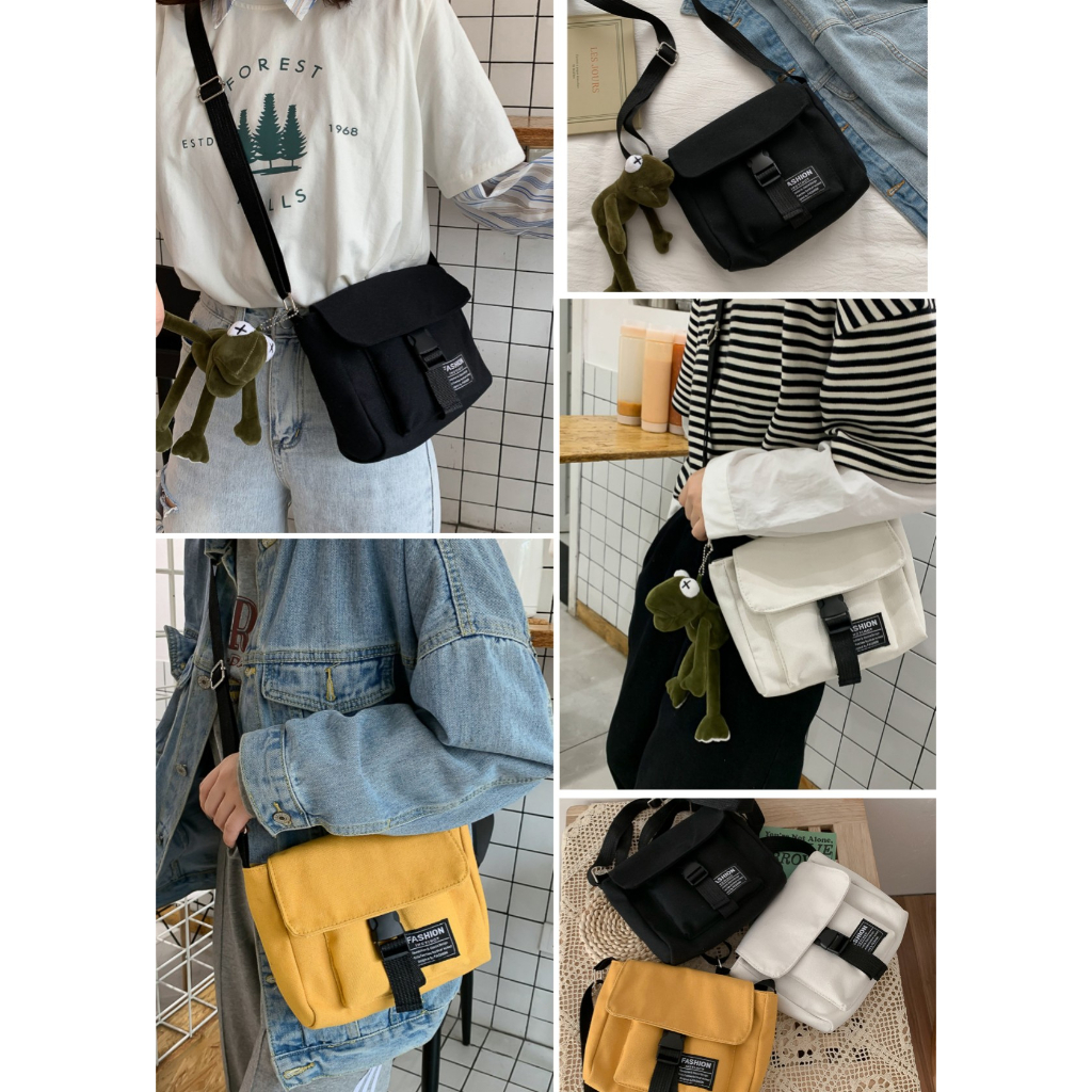 pbgbkk166กระเป๋าสพายข้างผ้าแคนวาสแฟชั่นเกาหลีผู้หญิง-กระเป๋าสะพายข้างความจุขนาดใหญ่สีทึบเรียบง่าย-พกจี้ที่น่ารัก