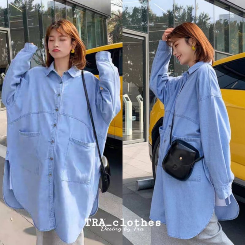 ทักก่อนสั่ง-เดรสเชิ้ตผ้ายีนส์ฟอกนิ่ม-freesize-อก46
