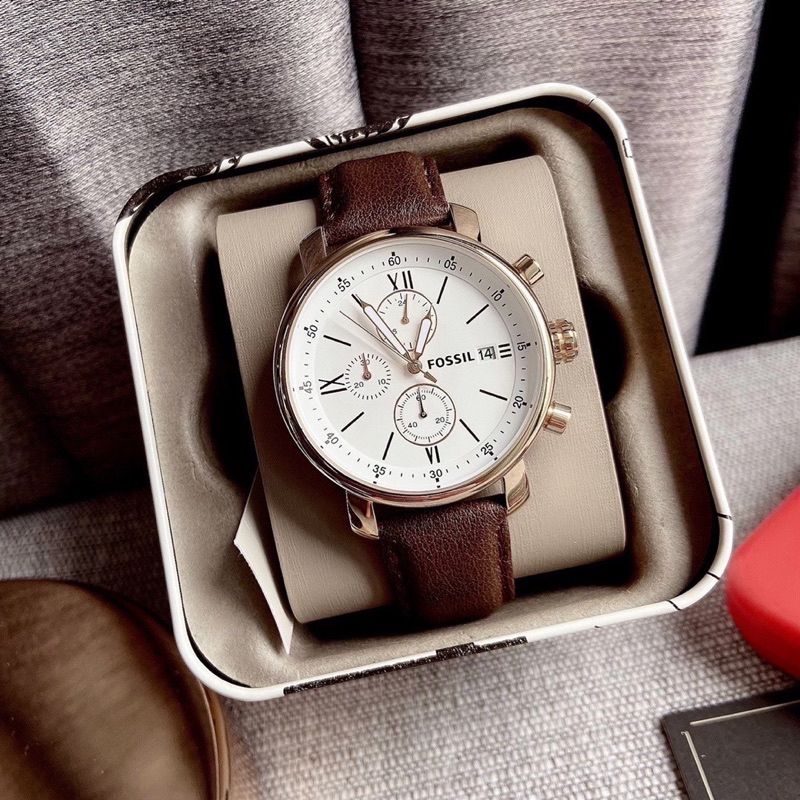 สด-ผ่อน-นาฬิกา-สายหนัง-สีน้ำตาล-bq2163-bq1009-fossil-brown-leather-black-dial-leather-watch-ขนาด-42-มิล
