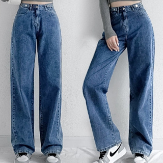 กางเกงขายาว ผู้หญิง ย้อนยุค เอวสูง หลวม กางเกง กางเกงยีนส์ท กางเกงทรงตรง กางเกงขากว้าง ปรับข้างสไตล์เกาหลี