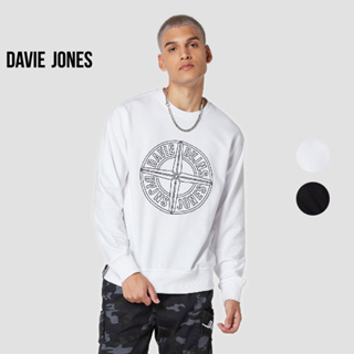 DAVIE JONES เสื้อสเวตเตอร์ ทรง Regular Fit ปักลาย สีขาว สีดำ Graphic Print Sweater SW0024WH BK