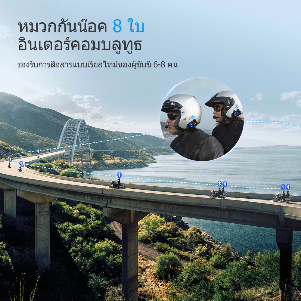 GEARELEC GX8 หมวกกันน็อคบลูทูธ อินเตอร์คอม บลูทูธ 5.1 แฮนด์ฟรี กันน้ำ IP67 ลดเสียงรบกวนอัจฉริยะ CVC&DSP แบ่งปันเพลง วิทยุเอฟเอ็ม