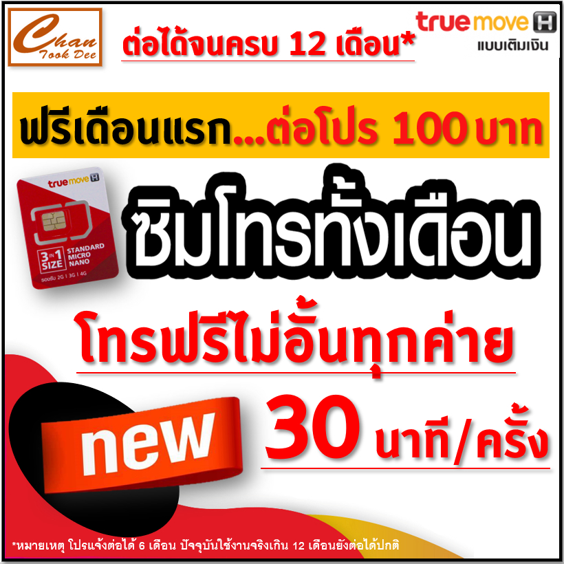 ซิมทรู-sim-true-ซิมโทรทั้งเดือน-โทรฟรีทุกเครือข่าย-30-นาที-ครั้ง-ฟรีเดือนแรก-ต่อโปร-100-บาท-เดือน-นาน-12-เดือน