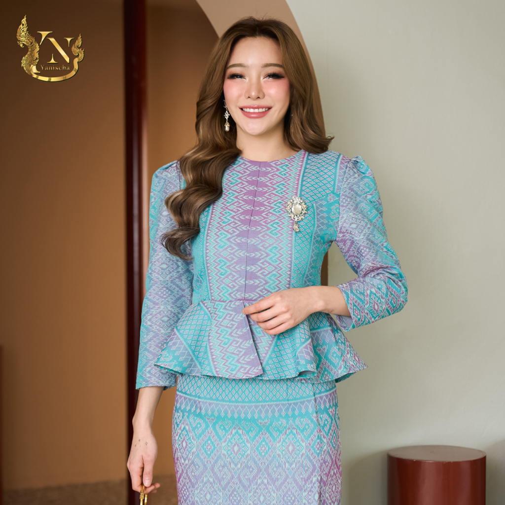 เซ็ทผ้าไหมไทยเอวระบาย สีเขียวมิ้น ใส่สบาย ดูผอม พร้อมส่ง มุมมองที่ 3