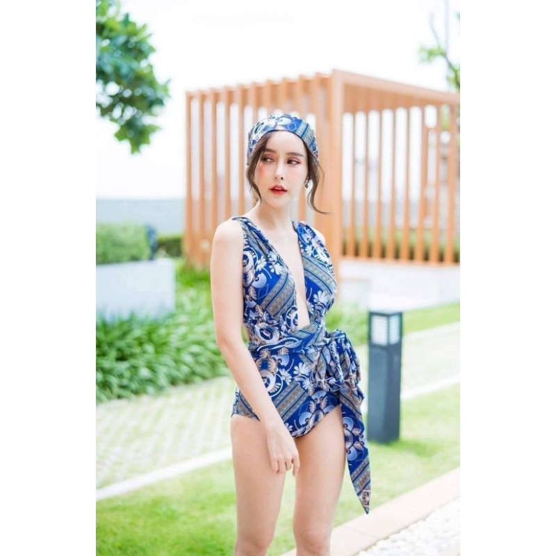 ชุดว่ายน้ำแฟชั่น-ชุดว่ายน้ำผู้หญิง-วันพีช-แถมฟรี-ผ้าโพกหัว-beachbox-bs-083-พร้อมส่งในไทย