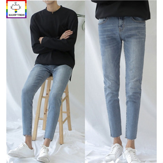 สินค้า กางเกงยีนส์ยืดฟอกสีฟ้าซีดปลายขาดขา9ส่วนสไตล์เกาหลี#861-พร้อมส่ง