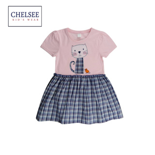 Chelsee ชุดเดรสกระโปรง เด็กผู้หญิง รุ่น 237840 ปักลายแมว กระโปรงลายสก็อต ผ้า 100%Cotton อายุ 2-9 ปี เสื้อผ้าเด็ก