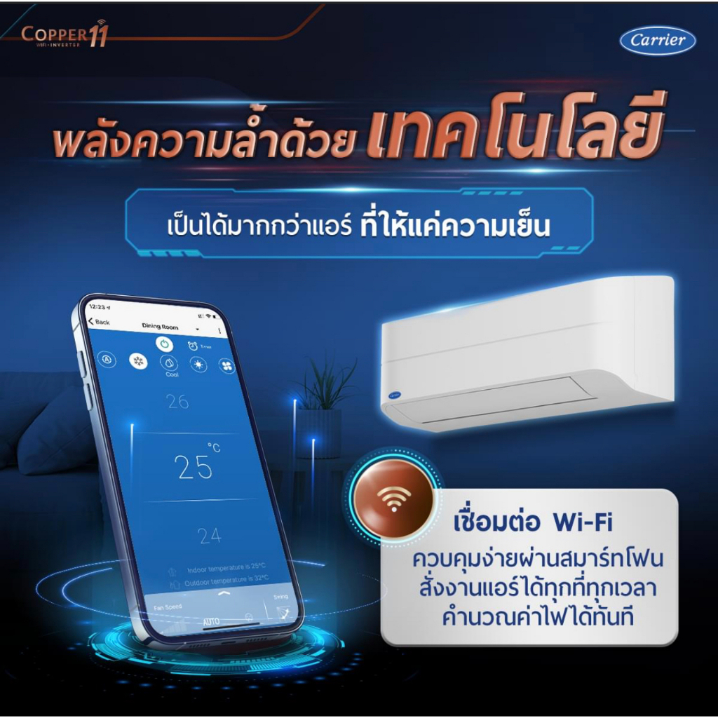 ภาพสินค้าCARRIER แอร์ติดผนังระบบอินเวอร์เตอร์รุ่น COPPER11 WIFI ขนาด 9200-25200 BTU จากร้าน carrier.officialshop บน Shopee ภาพที่ 5