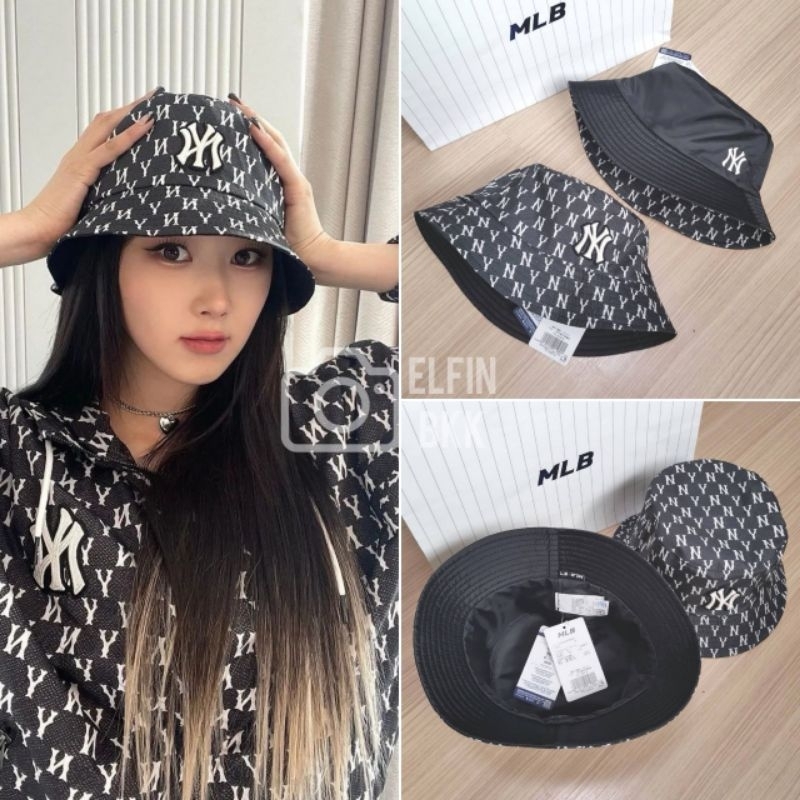 แท้-mlb-monogram-reversible-jacquard-bucket-hat-ny-หมวกบักเก็ต-สีน้ำเงิน-สีดำ-สีน้ำตาล-สีเบจ