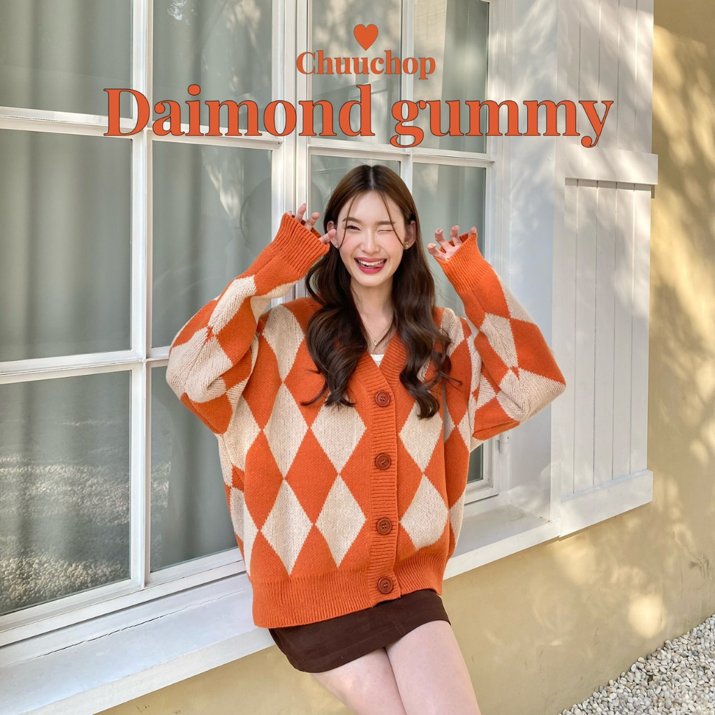 chuuchop-พร้อมส่ง-c7477-daimond-gummy-cardigan-เสื้อคาดิแกนแขนยาวลายตารางสีส้มเบจผ้าไหมพรม