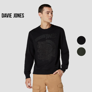 DAVIE JONES เสื้อสเวตเตอร์ ทรง Regular Fit ปักลาย สีดำ สีเขียว Graphic Embroider Sweater SW0023BK DG