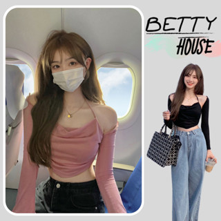 Betty House🎀เซทเสื้อคลุมซีทรู+สายเดี่ยวคล้องคอ💕เสื้อยืดผู้หญิงสั้นไหล่เดียว แขนยาว สีดำ สาวฮอต เสื้อท่อนล่างมีผ้าคลุมไหล่และสายเอี้ยม ผ้าใส่สบาย ทรงดูดี สไตล์สาวฮอต y2k🌟พร้อมส่ง 💥พร้อมส่งจากกทม มาถึงใน 3-5 วัน