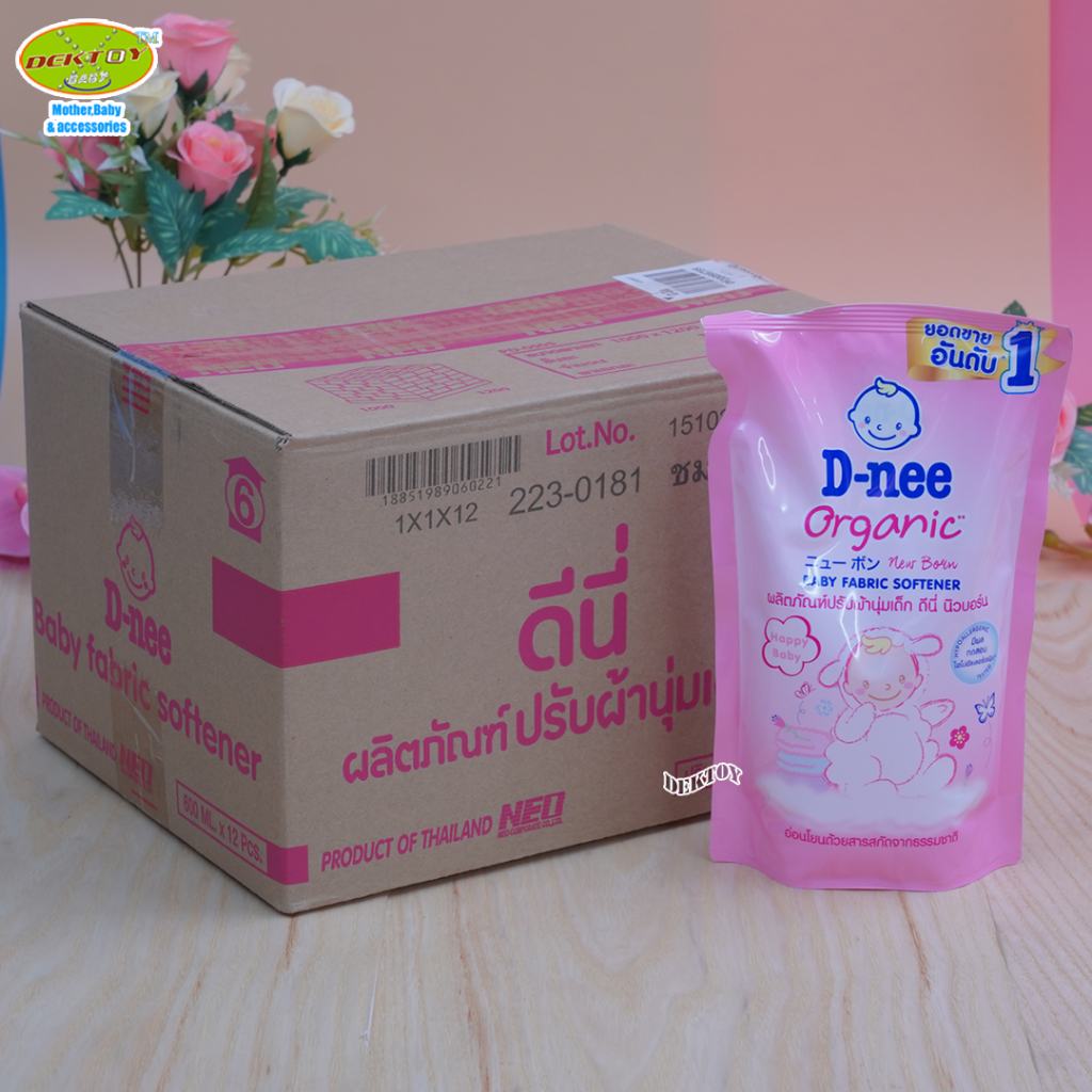 12-ถุง-ยกลัง-d-nee-organic-ดีนี่-น้ำยาปรับผ้านุ่ม-กลิ่น-happy-baby-550-มล-สีชมพู