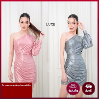 ♥️ M5 Dress เดรสสั้น ไหล่เดียว แต่งแขนยาวข้างเดียว สีชมพู สีเงิน LUXE