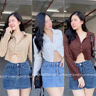 🔥aimorn_shop🔥Sab crop top 🌈เสื้อเชิ้ตแขนยาว /เชิ้ตแขนสั้น🌈ผ้ายืดซีทรูปั้มนูน ดีไซต์เก๋  แมชลุคสุดแซ่บๆ