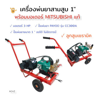 เครื่องพ่นยา 3 สูบ PAYOO รุ่น CC300A ขนาด 1 นิ้ว พร้อมมอเตอร์ มอเตอร์ MITSUBISHI 3 HP (A042) เครื่องฉีดน้ำแรงดันสูง