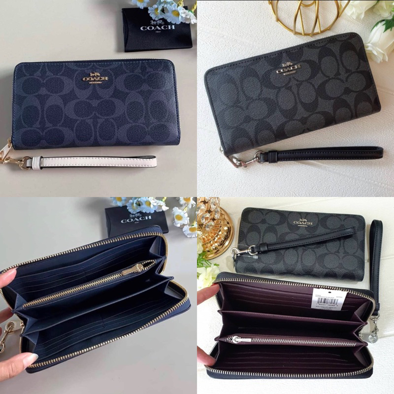 สด-ผ่อน-กระเป๋าสตางค์ซิปรอบ-มีสายคล้อง-ดำลายซี-coach-c4452-long-zip-around-wallet-in-signature-canvas