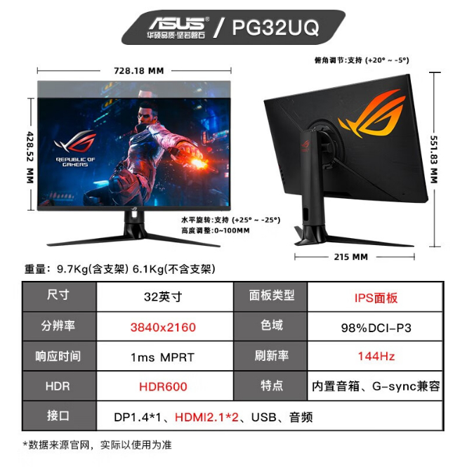 อัสซุส-rog-pg32uq-32-นิ้ว-4k-ips-144hz-จอภาพสําหรับเล่นเกม-hdr600-hdmi2-1-ลําโพงในตัว