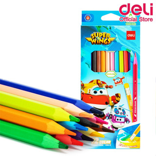 Deli C126-12 Colored Pencil 12 colors ดินสอสีไม้ลบได้ ลาย Super wings 12 สี สีไม้ลบได้ สีไม้ ดินสอสี เครื่องเขียน สีระบาย อุปกรณ์วาดรูป