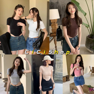 Cicishop(J301)CropTop เสื้อครอปทรงเบสิคแพทเทิร์นสวย ทรงมินิมอลเกาหลีแมทช์ง่าย