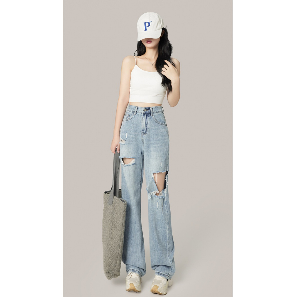 cicishop-831-832-กางเกงยีนส์ขายาว-เอวสูง-แต่งขาดกว้างปลายเย็บ-ทรงสวยจะแต่งแนวไหนก็ชิคน้า
