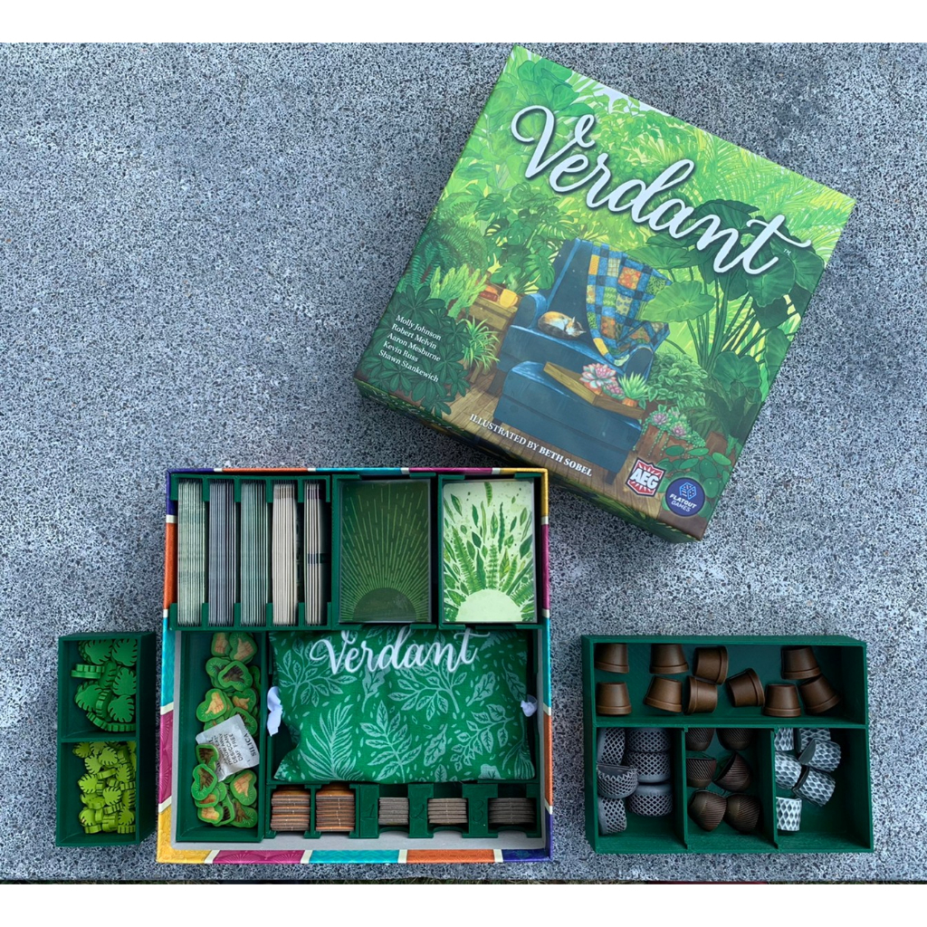 plastic-verdant-board-game-organizer-ชุดจัดเก็บอุปกรณ์เกมเวอร์แดนท์-รองรับโทเค่นกระถาง-3d-sleeved-cards