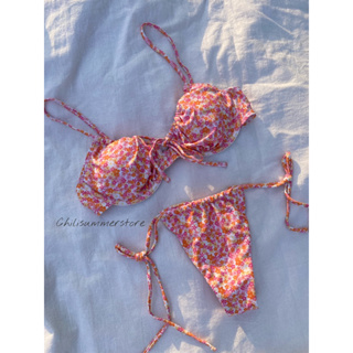 Jamila Bikini บิกินี่ ชุดว่ายน้ำลายดอกไม้สีชมพู มีโครงดันทรง (พร้อมส่ง)