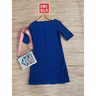 Uniqlo dress x cotton x M สีน้ำเงินคาดดำ ซิปหลัง ผ้าหนา ไม่ตำหนิ อก 36 ยาว 32 • Code : bc49(2)