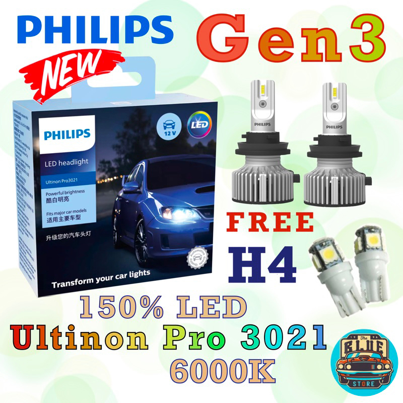 หลอดไฟหน้ารถยนต์-philips-led-ultinon-pro3021-6000k-ขั้ว-h4-gen3-แถมฟรี-t10-led-6000k