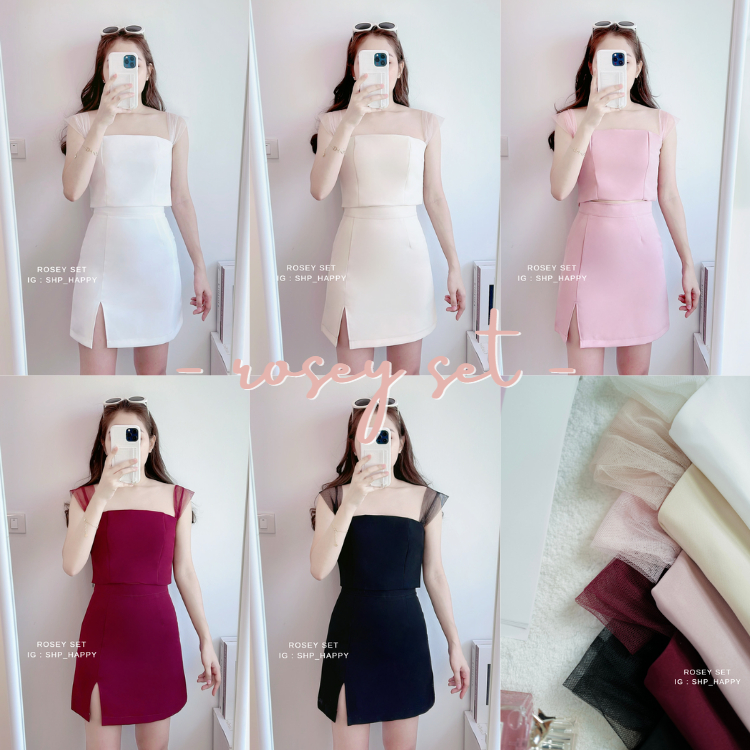 ROSEY SET - SHP_HAPPY ชุดเซทเสื้อแขนแต่งตะข่ายและกระโปรง | Shopee Thailand