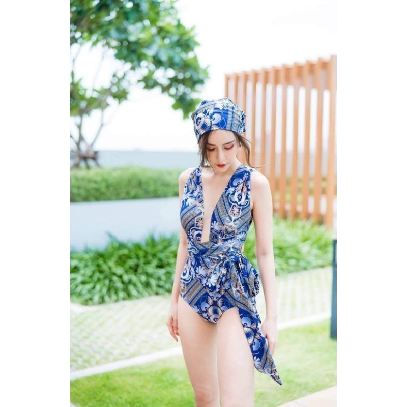 ชุดว่ายน้ำแฟชั่น-ชุดว่ายน้ำผู้หญิง-วันพีช-แถมฟรี-ผ้าโพกหัว-beachbox-bs-083-พร้อมส่งในไทย