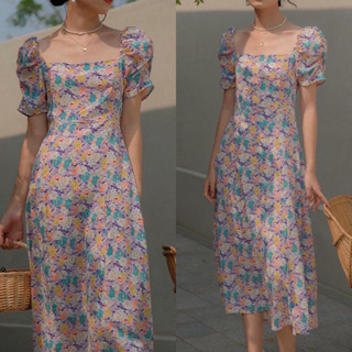 puff sleeves dress เดรสยาว แขนพอง คอเหลี่ยม ผ่าข้าง พิมพ์ลายดอก