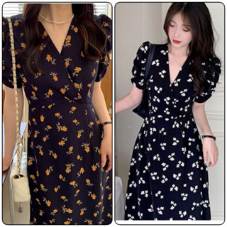 BL094/BL126 พร้อมส่ง🚚 เดรสสาวอวบ Plus Size สีดำลายดอกสีเหลือง สีดำล่ยดอกขาว คอวี มีเชือกรัดเอว ผ้านิ่ม ใส่สบาย