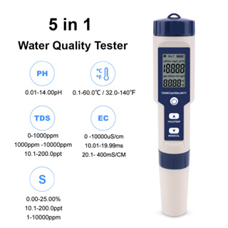 【ส่งไวทุกวัน】5 in 1 เครื่องทดสอบคุณภาพน้ำ ปากกาวัดค่าน้ำ อเนกประสงค์ เครื่องทดสอบค่า PH EC TDS SALT TEMP วัดค่า pH