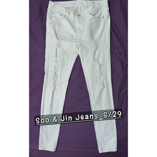 ยีนส์ขายาวสีขาว #มือสอง SOO&amp;JIN JEANS_S/29 ยีนส์ซิปหน้า ตกแต่งรอยขาด ใส่สบาย เท่ๆ ใส่แล้วเข้ารูป ทรงสวย #ยีนส์มือสอง