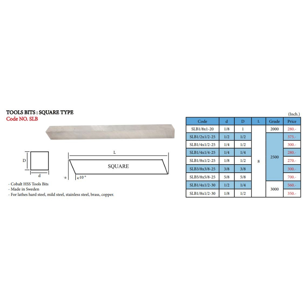 มีดกลึงแบน-มีดขาว-มีดแบน-มีดไฮสปีด-โคบอลต์-hss-co-เหล็กไฮสปีด-เกรด-2000-ชนิดเหลี่ยม-ยี่ห้อ-slb