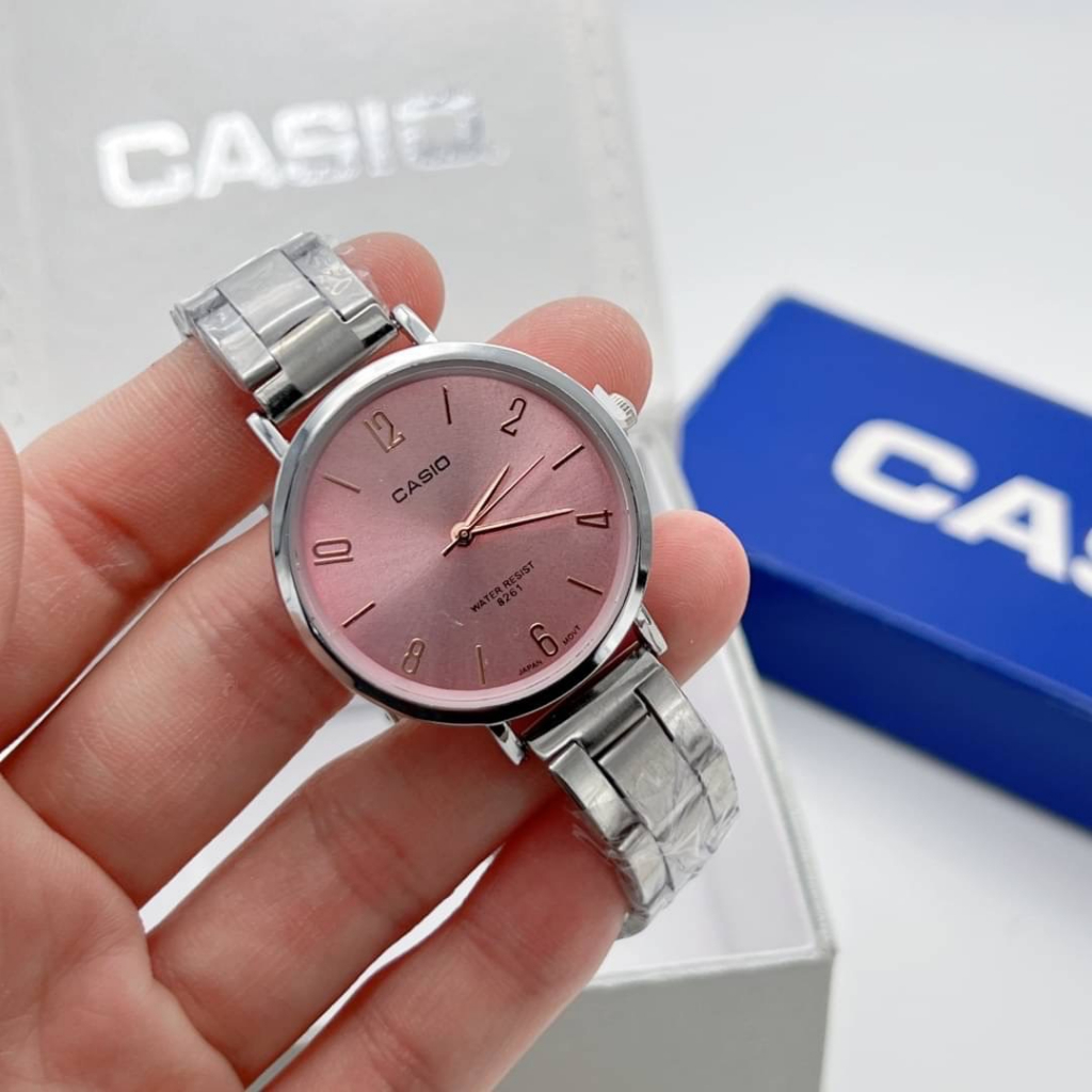 นาฬิกาข้อมือ-casio-สายเหลดสีเงินหน้าปัดสีพิ้งโกลด์-รุ่นนี้ขายดีตลอดทั้งปี