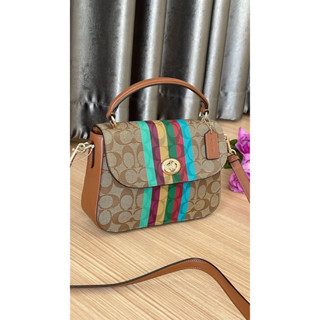 (ผ่อน0%) กระเป๋าสะพายข้าง ลายซี MARLIE TOP HANDLE SATCHEL IN SIGNATURE CANVAS WITH STRIPE (COACH C5644) สีน้ำตาล คาดลาย