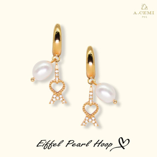 A.CEMI Eiffel Pearl Hoop ต่างหูมุกแท้ ต่างหูเงินแท้ ชุบทอง 18K ต่างหูดีไซน์ ของขวัญแฟน