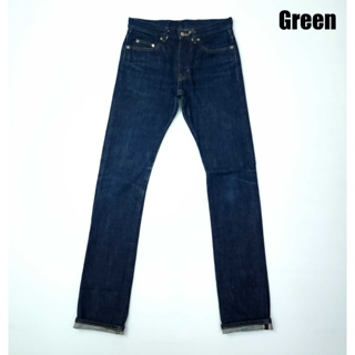 ยีนส์ริมแดง Selvedge Green เอว 28 ผ้าด้าน สีเข้ม ขาเดฟ Made in Japan