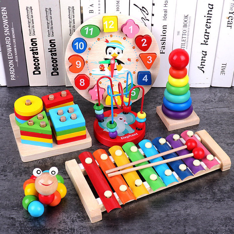 ของเล่นไม้เสริมพัฒนาการสำหรับเด็ก-บล๊อคไม้เลขาคณิต-เสริมพัฒนาการ-ตัวต่อรูปทรง-ห่วงไม้สีรุ้งสวมหลัก-พร้อมส่ง